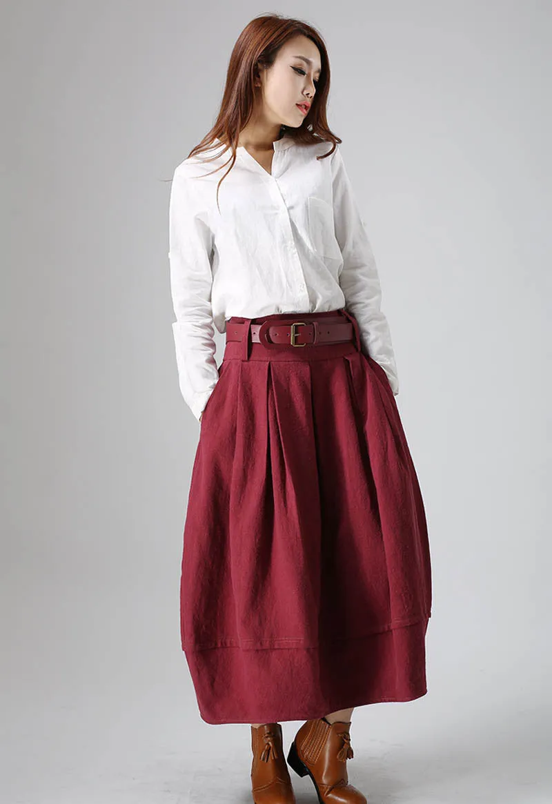 Red linen pleated maxi bubble skirt 0821#