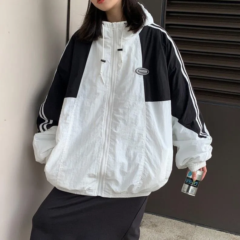 Retro Sporty Side Stripes Loose Windbreaker Jacket