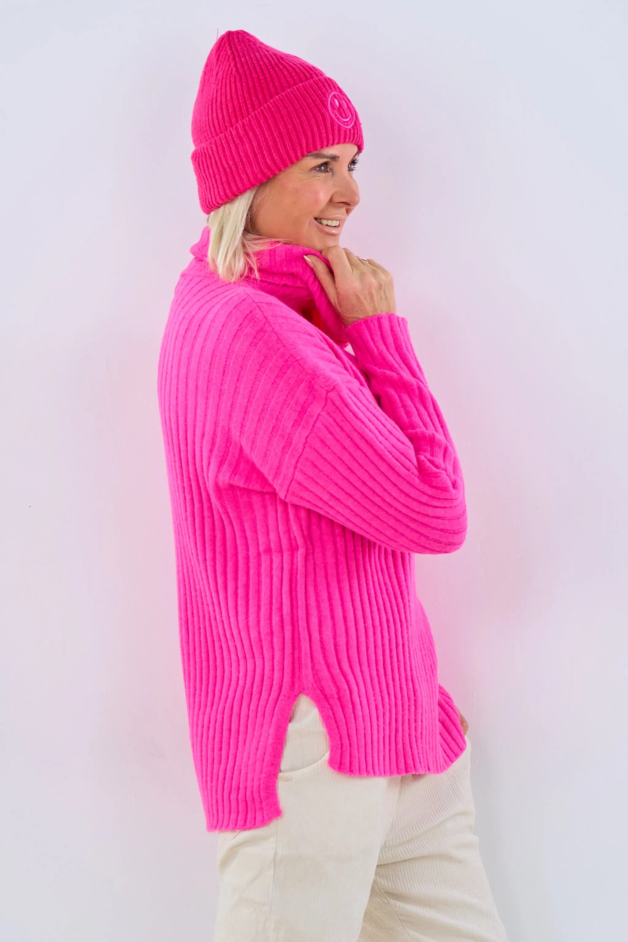 Rollkragen-Pulli, gerippt, pink