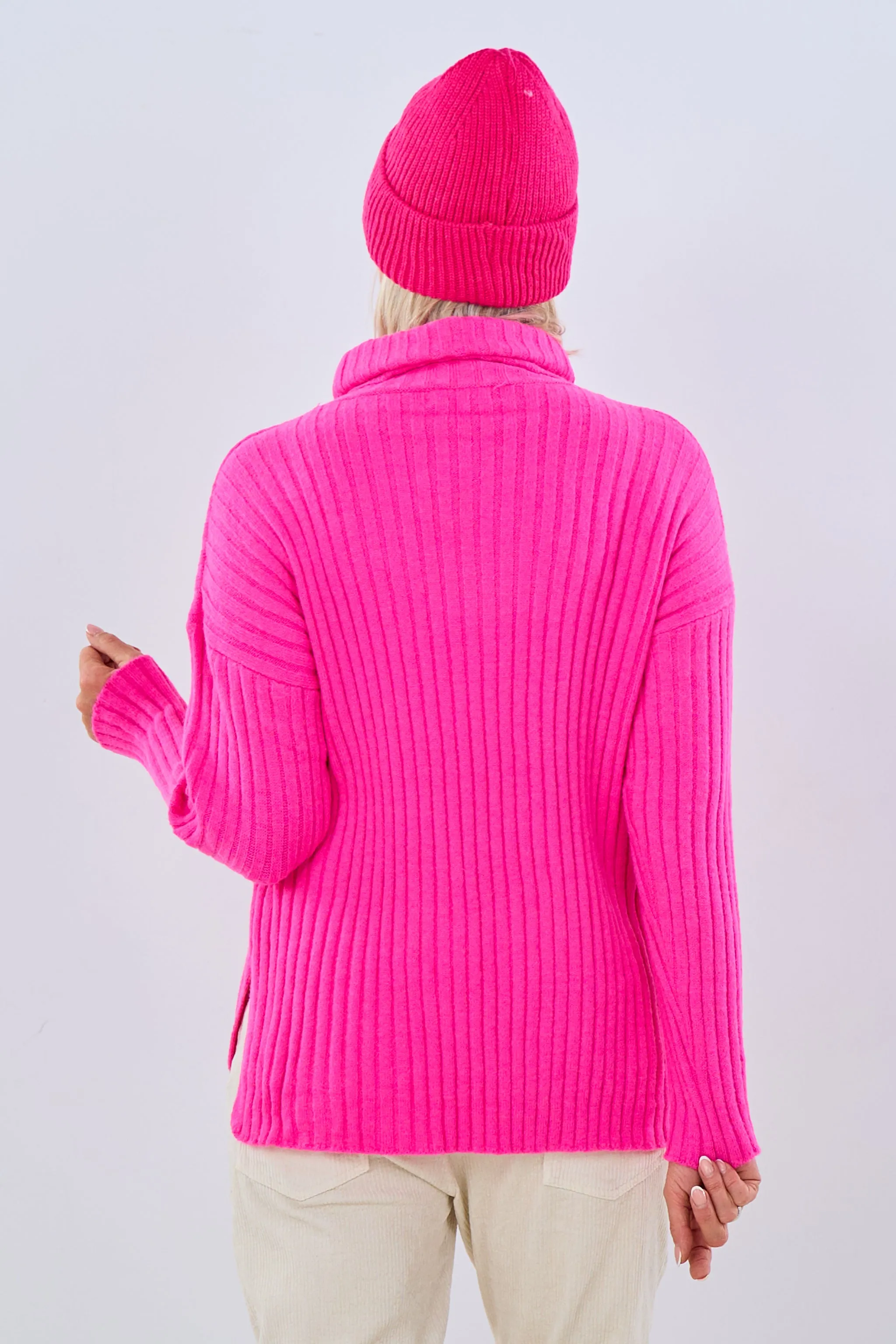 Rollkragen-Pulli, gerippt, pink