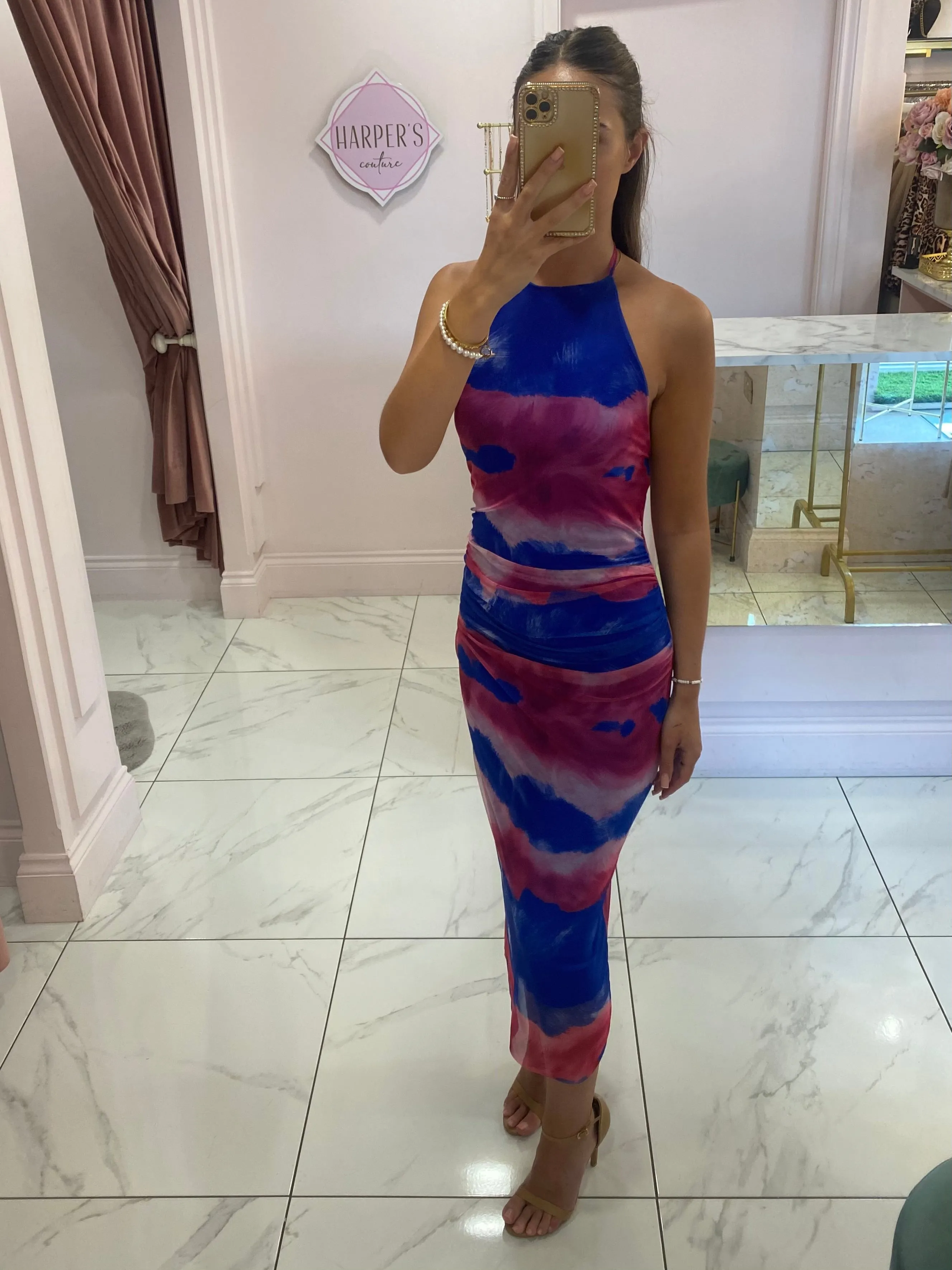 Romi Mesh Abstract Print Dress