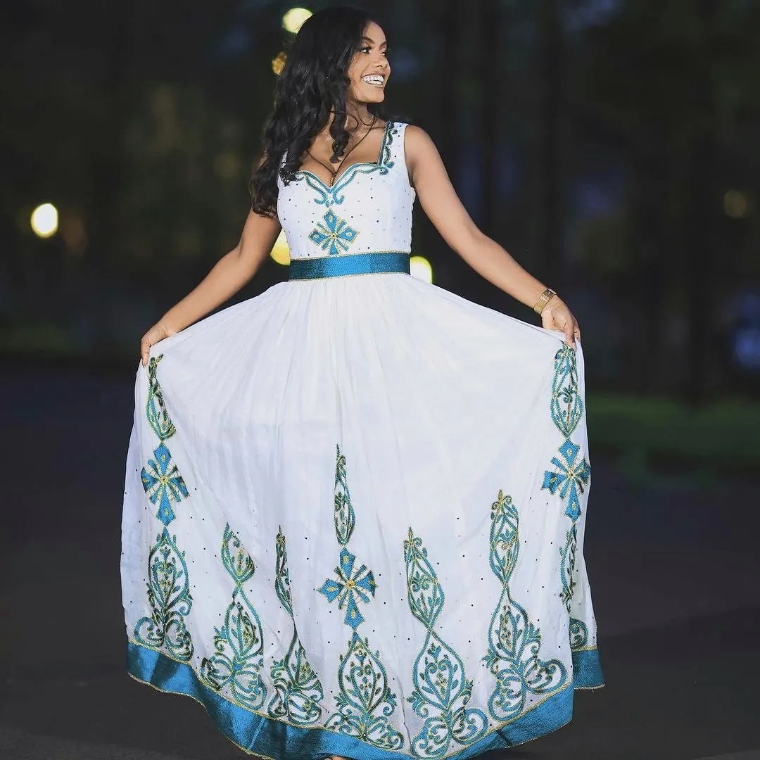 Sapphire Splendor Habesha Kemis: Beaded Modern Habesha Dress