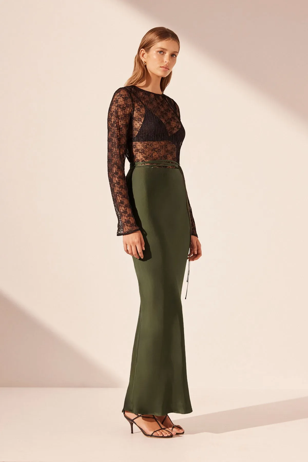 SHAE BIAS TIE MAXI SKIRT - PINE GREEN