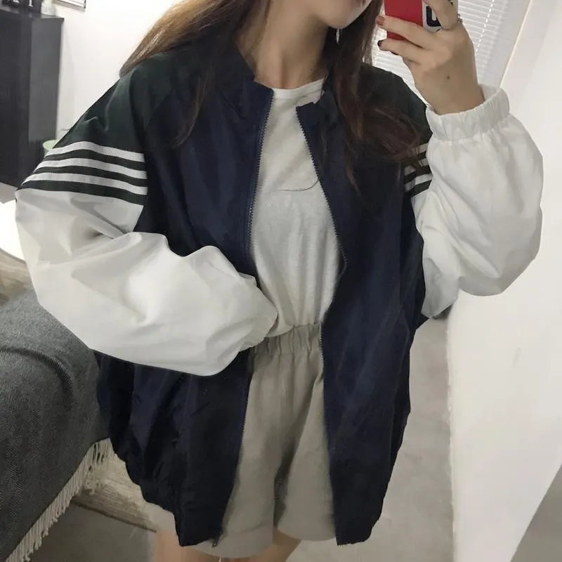 Sporty Pink Blue White Lines Windbreaker Jacket