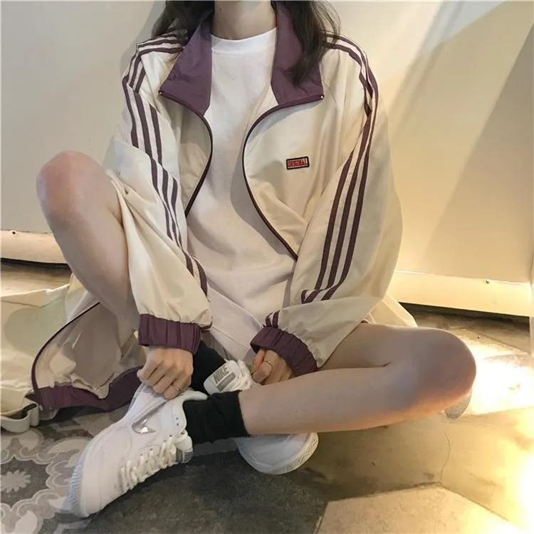 Sporty Triple Side Stripes Loose Thin Outwear Jacket