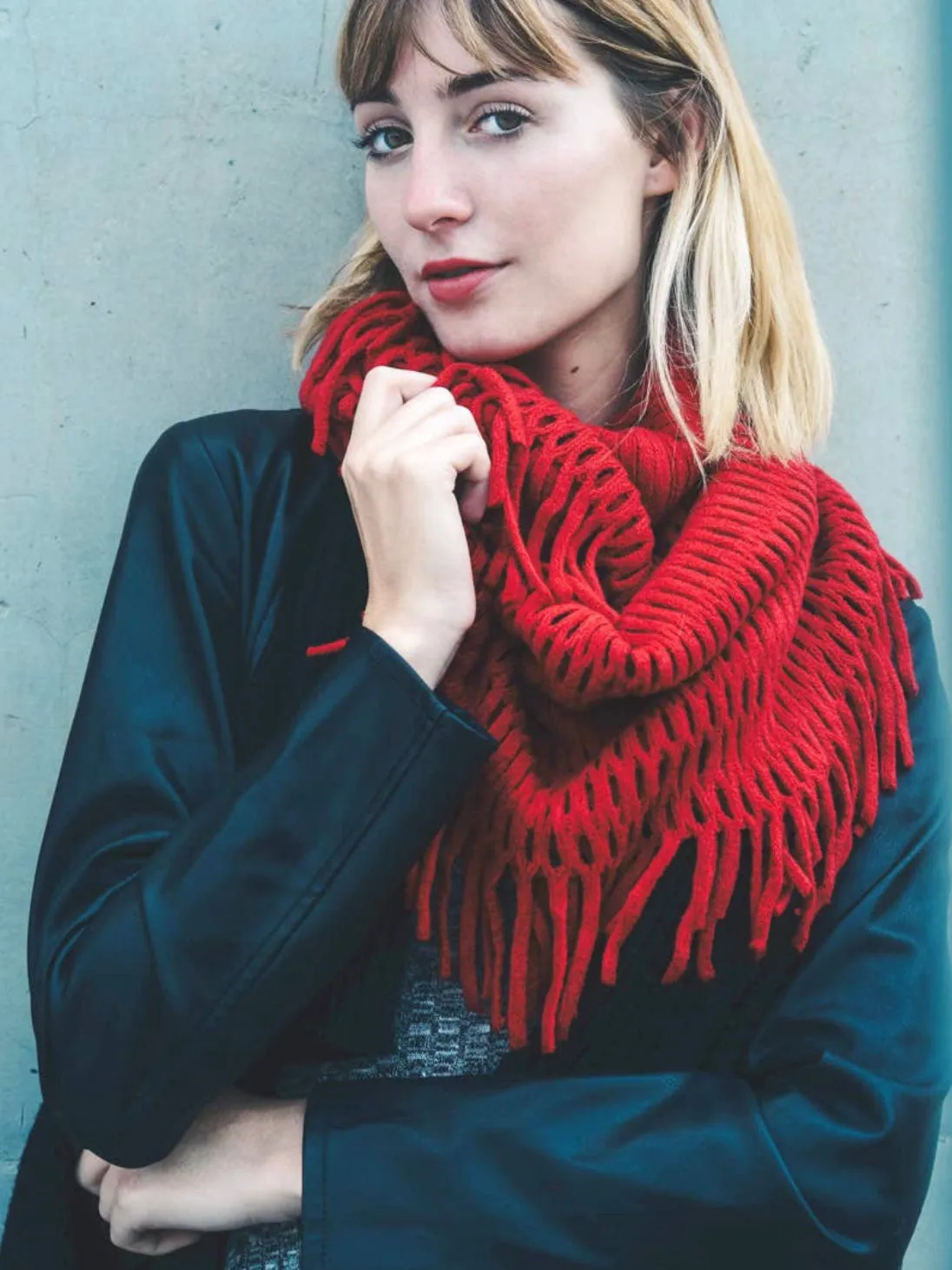 Tassel Knit Fringe Infinity Scarf - Red