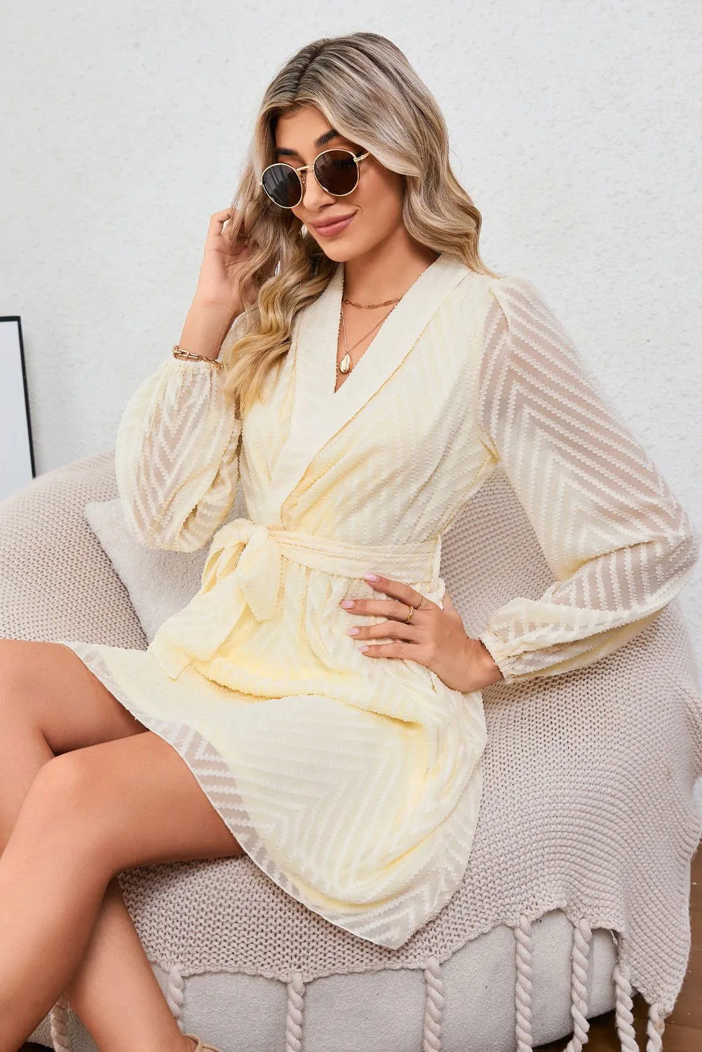 Textured Wrap V Neck Waist Belted Long Sleeve Dress