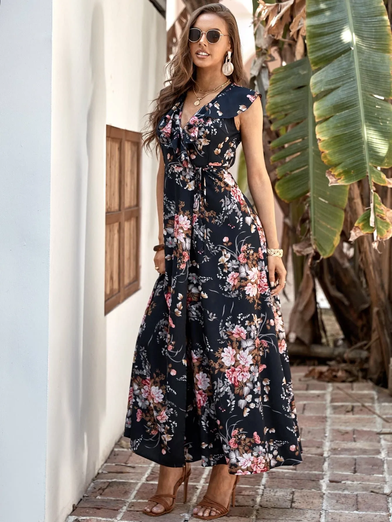 V-Neck Sleeveless Floral Print Ruffle Trim Wrap Dress