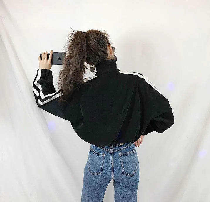 Velvet Oversized Sporty Lines Retro Style Jacket