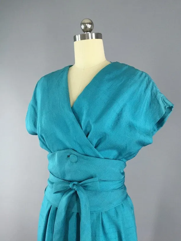 Vintage 1950s Day Dress / Blue Silk