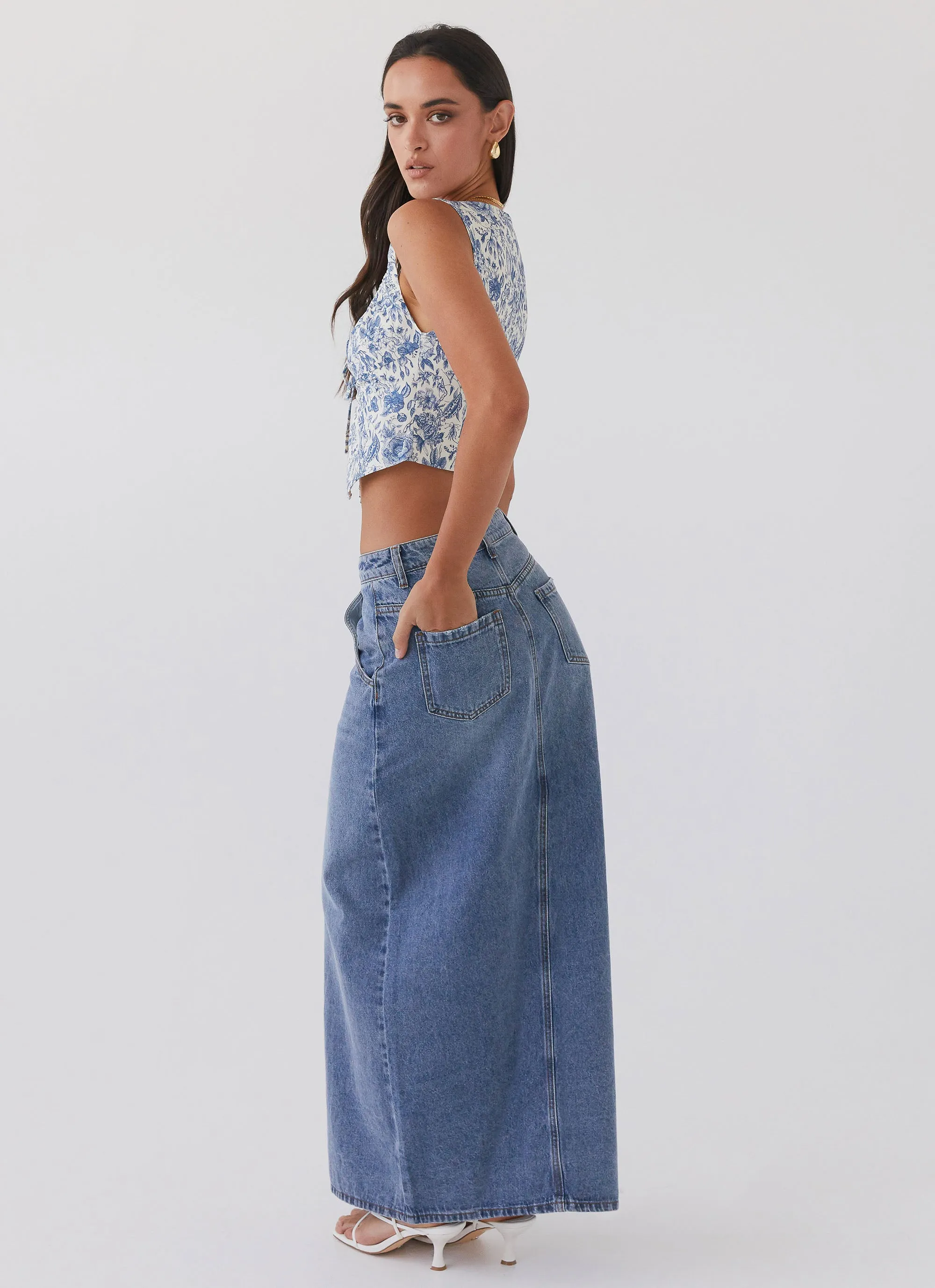 Walk This Way Denim Maxi Skirt - Blue