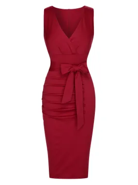 Wine Red 1960s Solid Bow Belt Wrap Dress