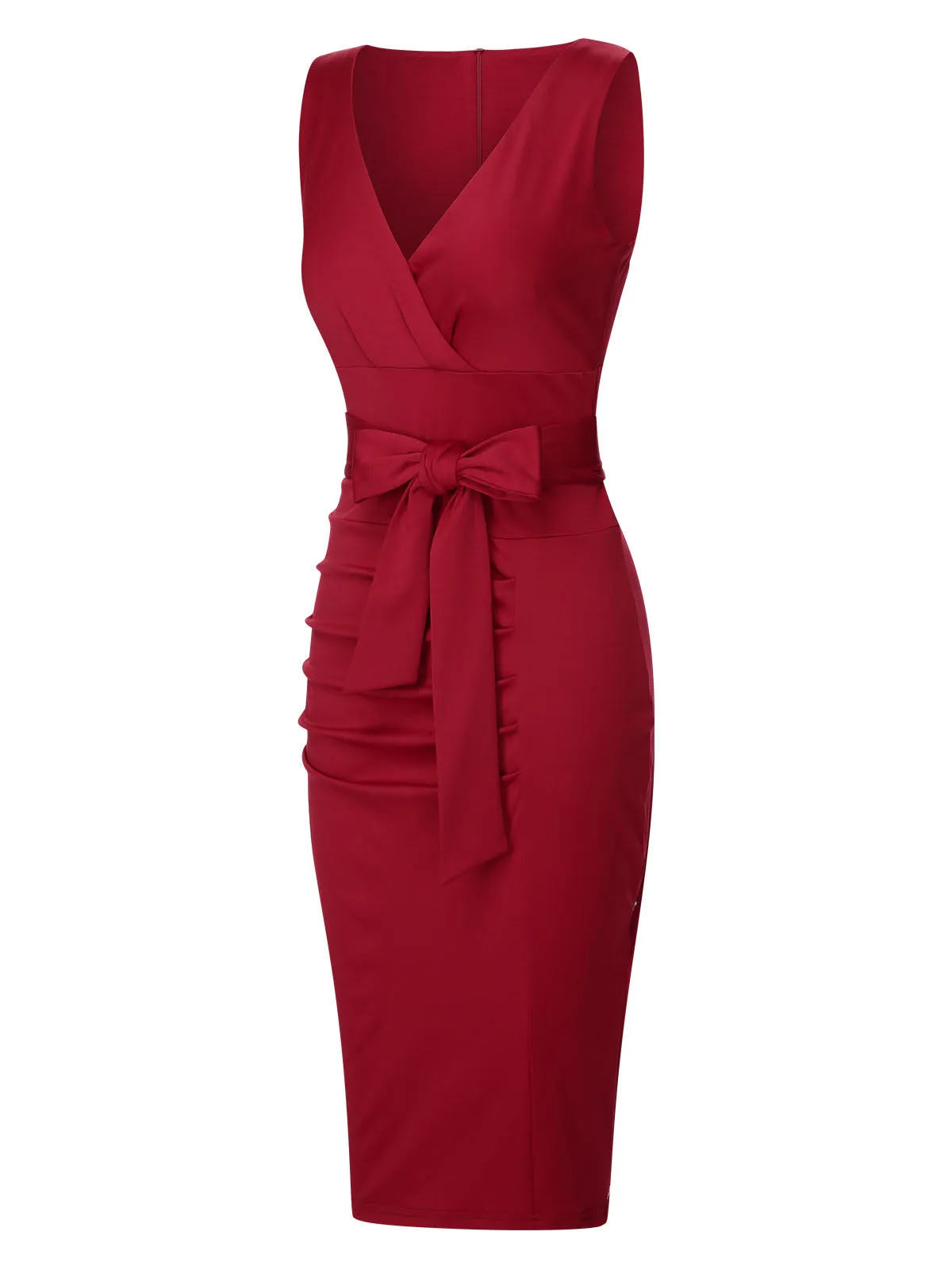 Wine Red 1960s Solid Bow Belt Wrap Dress