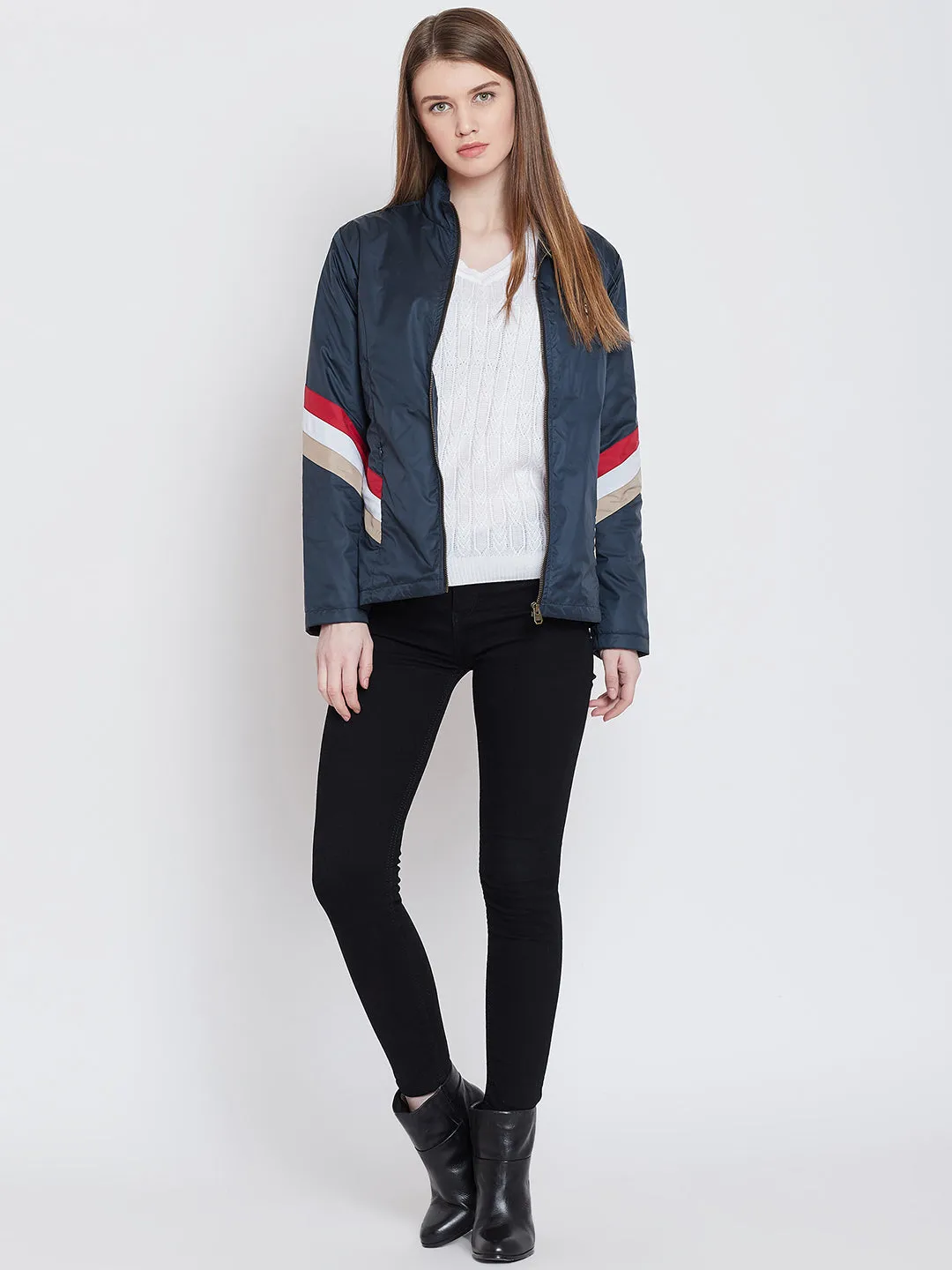 Women Casual Navy Blue Sporty Jacket