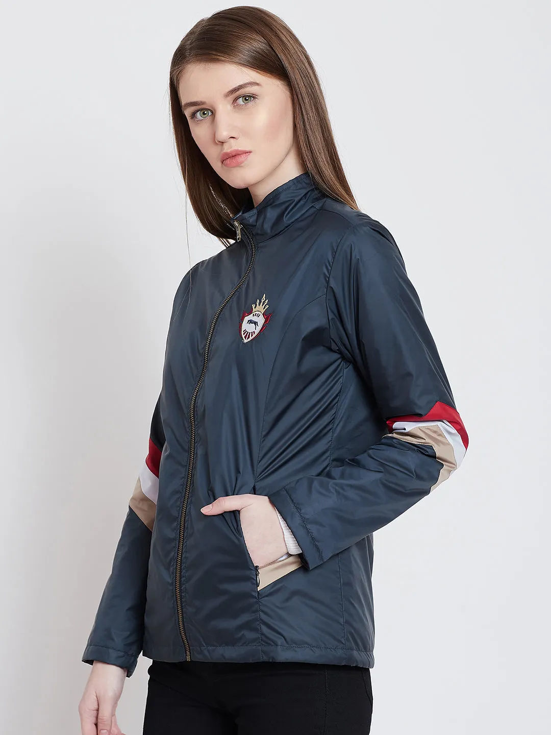 Women Casual Navy Blue Sporty Jacket