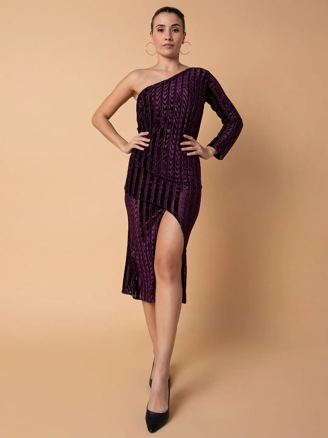 Women Solid Purple Midi Wrap Dress