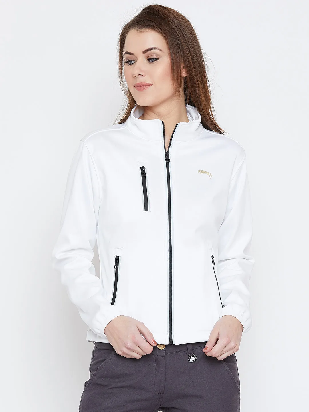 Women White Solid Sporty Jacket