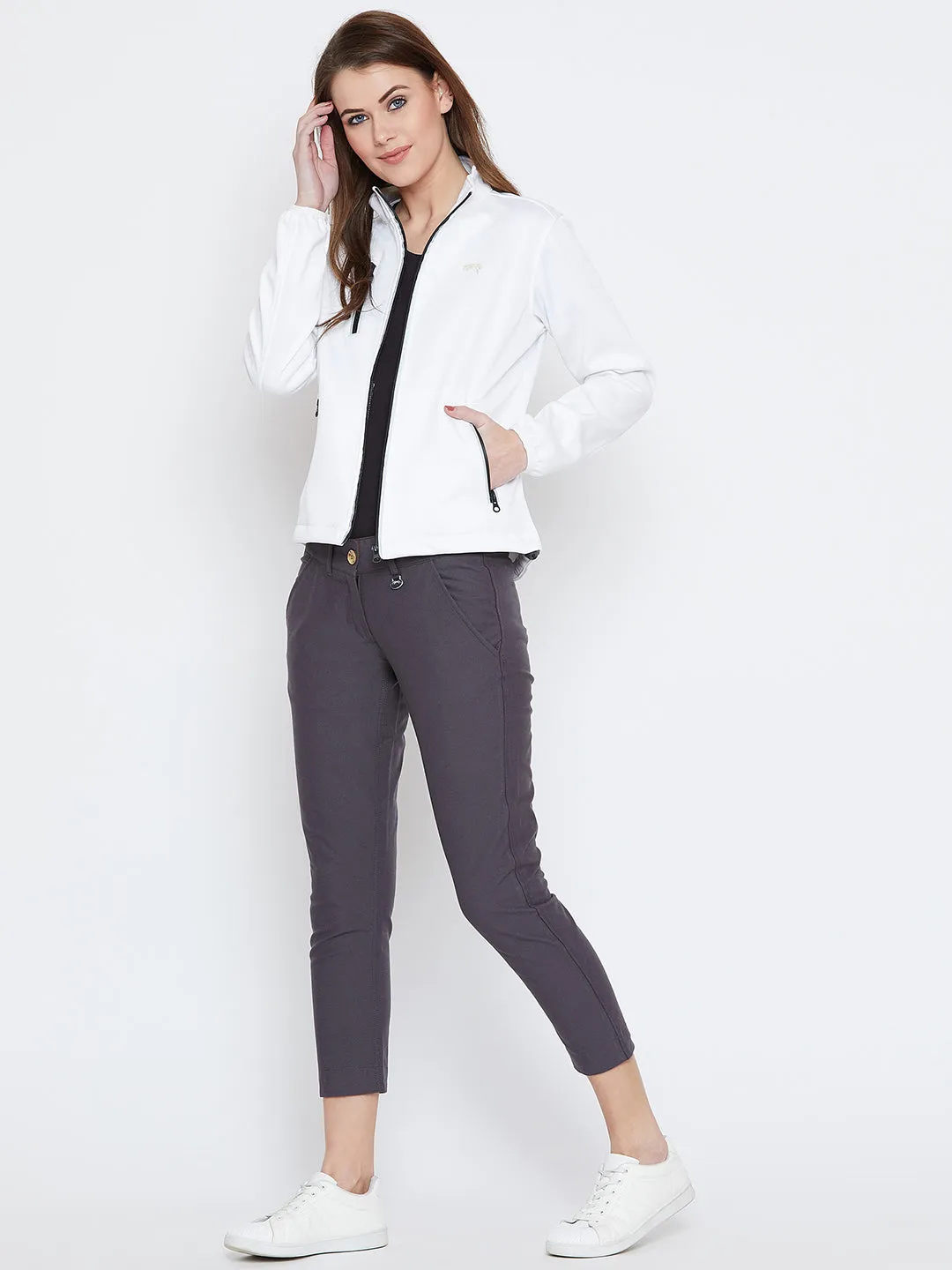 Women White Solid Sporty Jacket