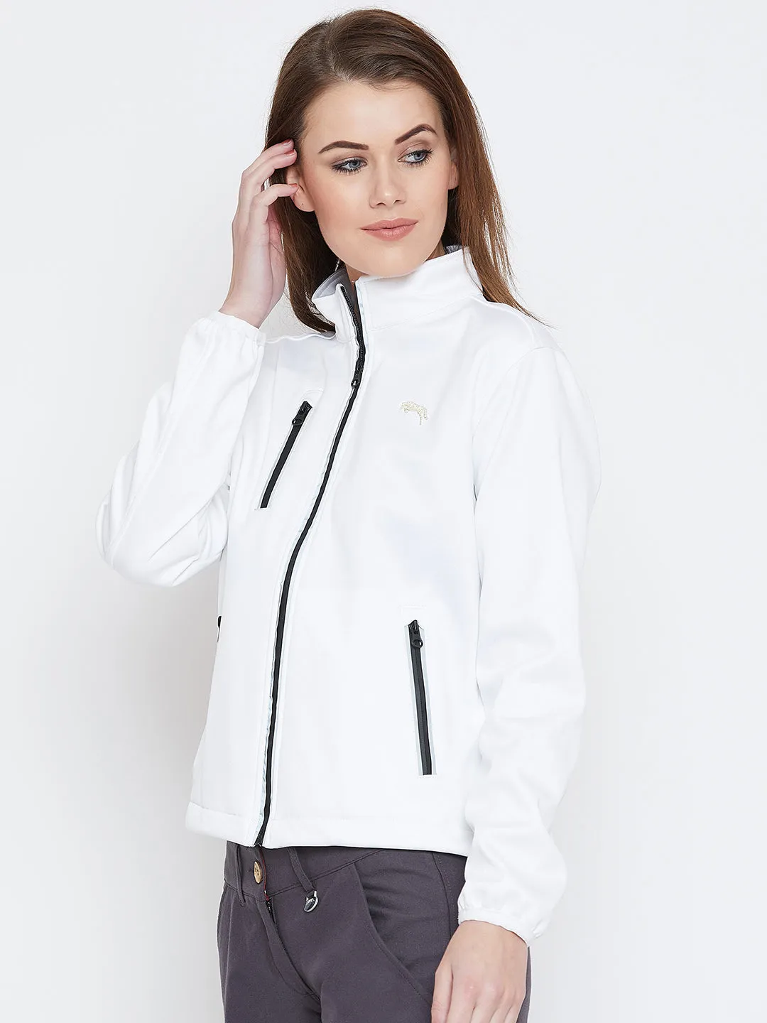 Women White Solid Sporty Jacket