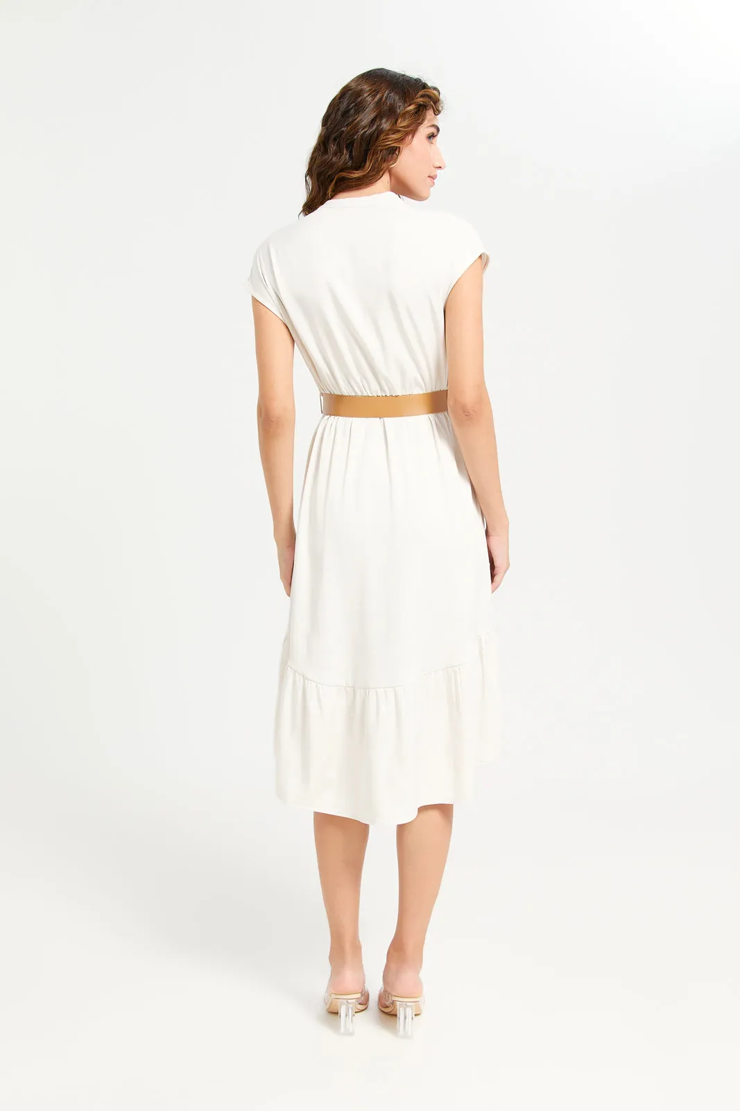 Women White Wrap Belted Dress