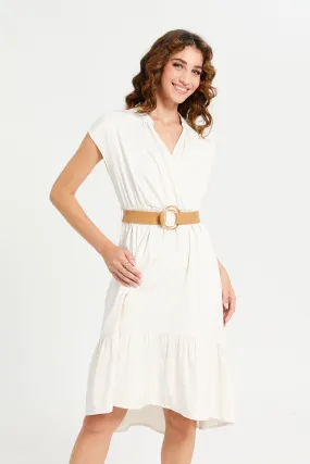 Women White Wrap Belted Dress