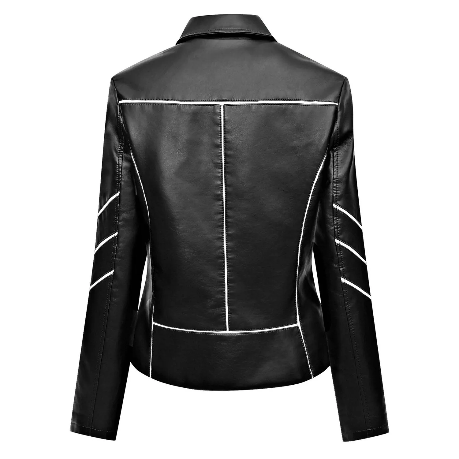 Women’s Black Racer Genuine Sheepskin White Stripes Asymmetric Motorcycle Café Racer Slim Fit Sporty Leather Jacket