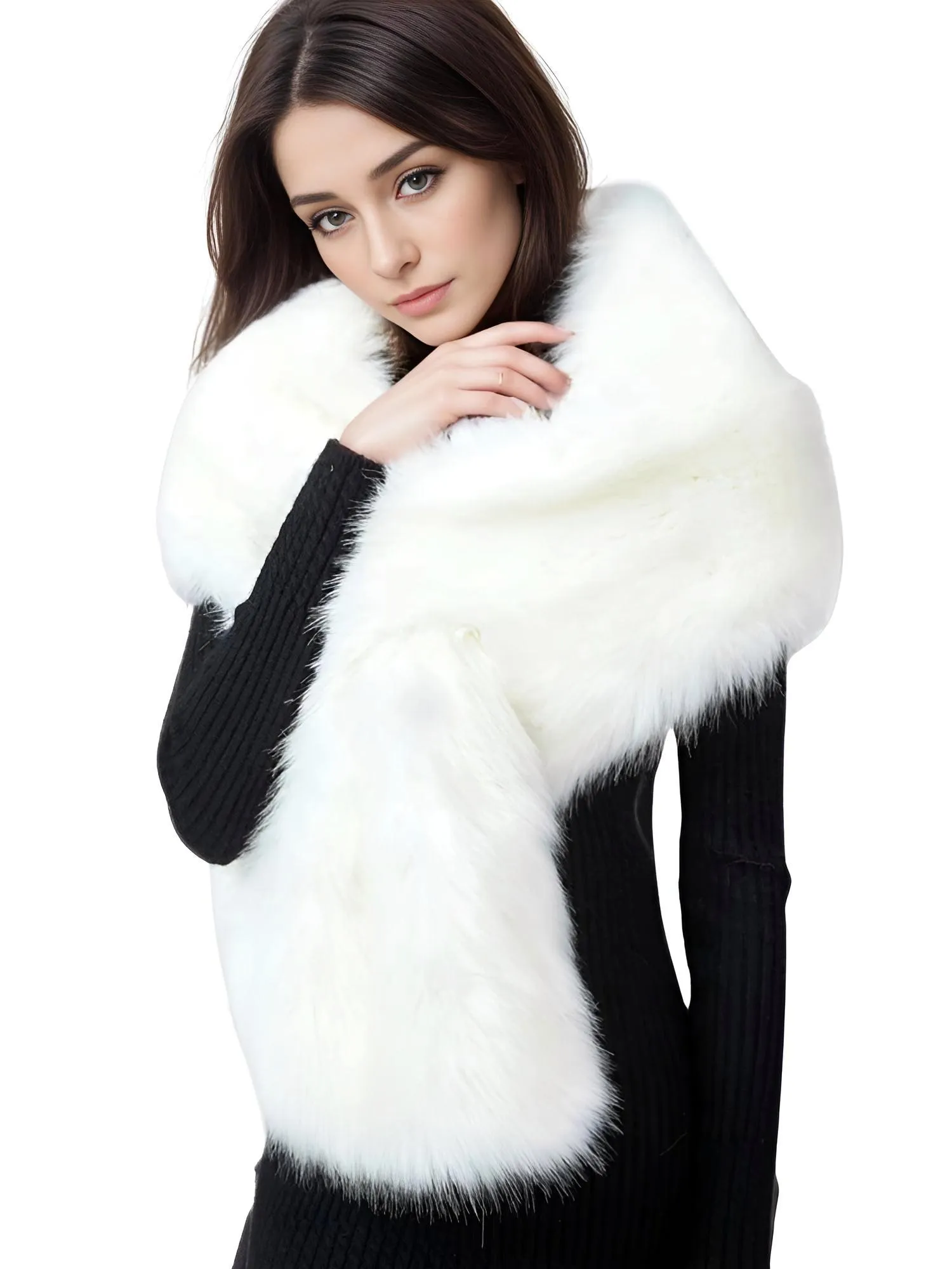 Women's Faux Fur Shawl Long Scarf Neck Warmer Women Furry Shawl Wedding Bridal Jacket Formal Evening Party Shrug Accessories