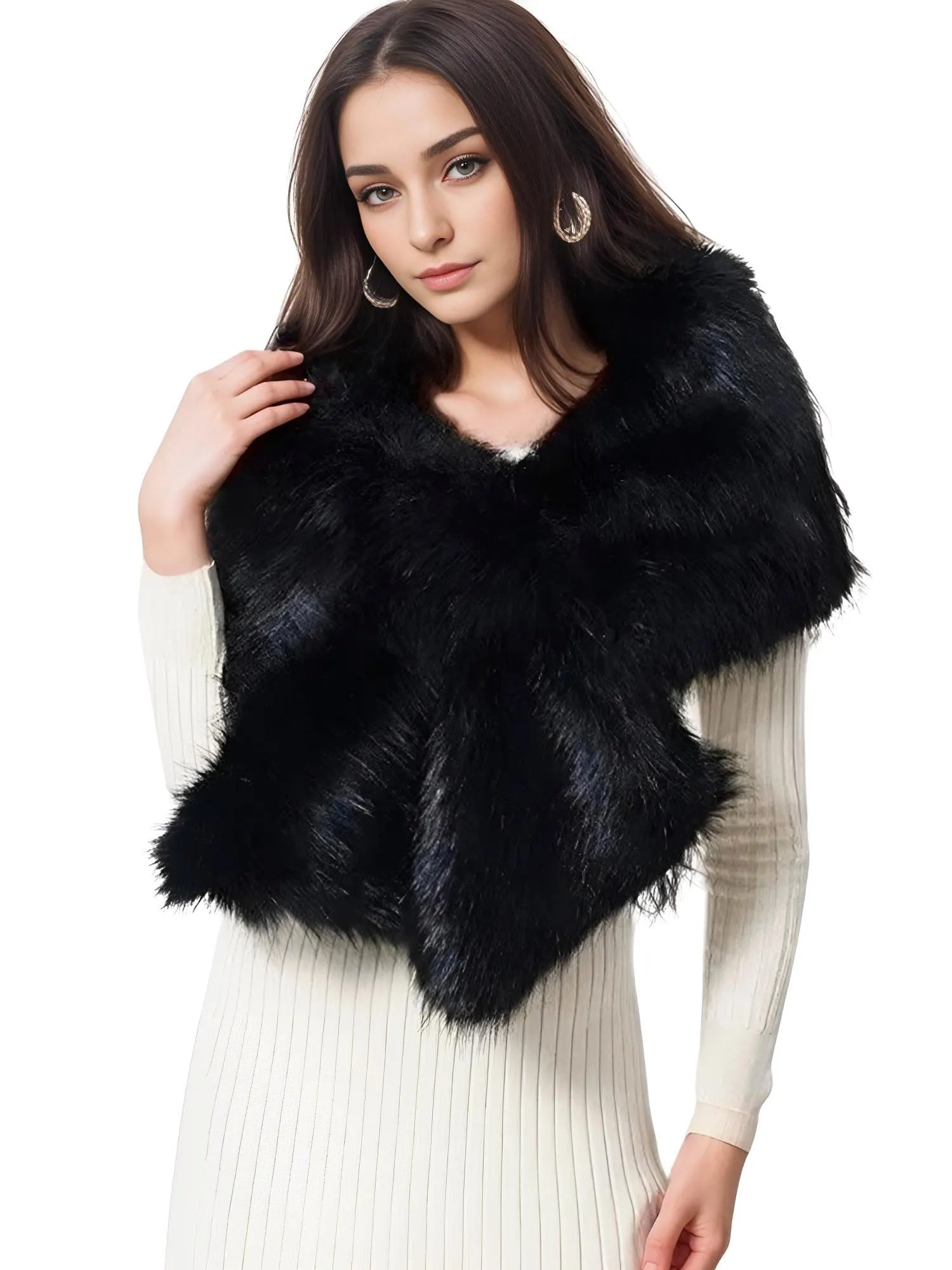 Women's Faux Fur Shawl Long Scarf Neck Warmer Women Furry Shawl Wedding Bridal Jacket Formal Evening Party Shrug Accessories