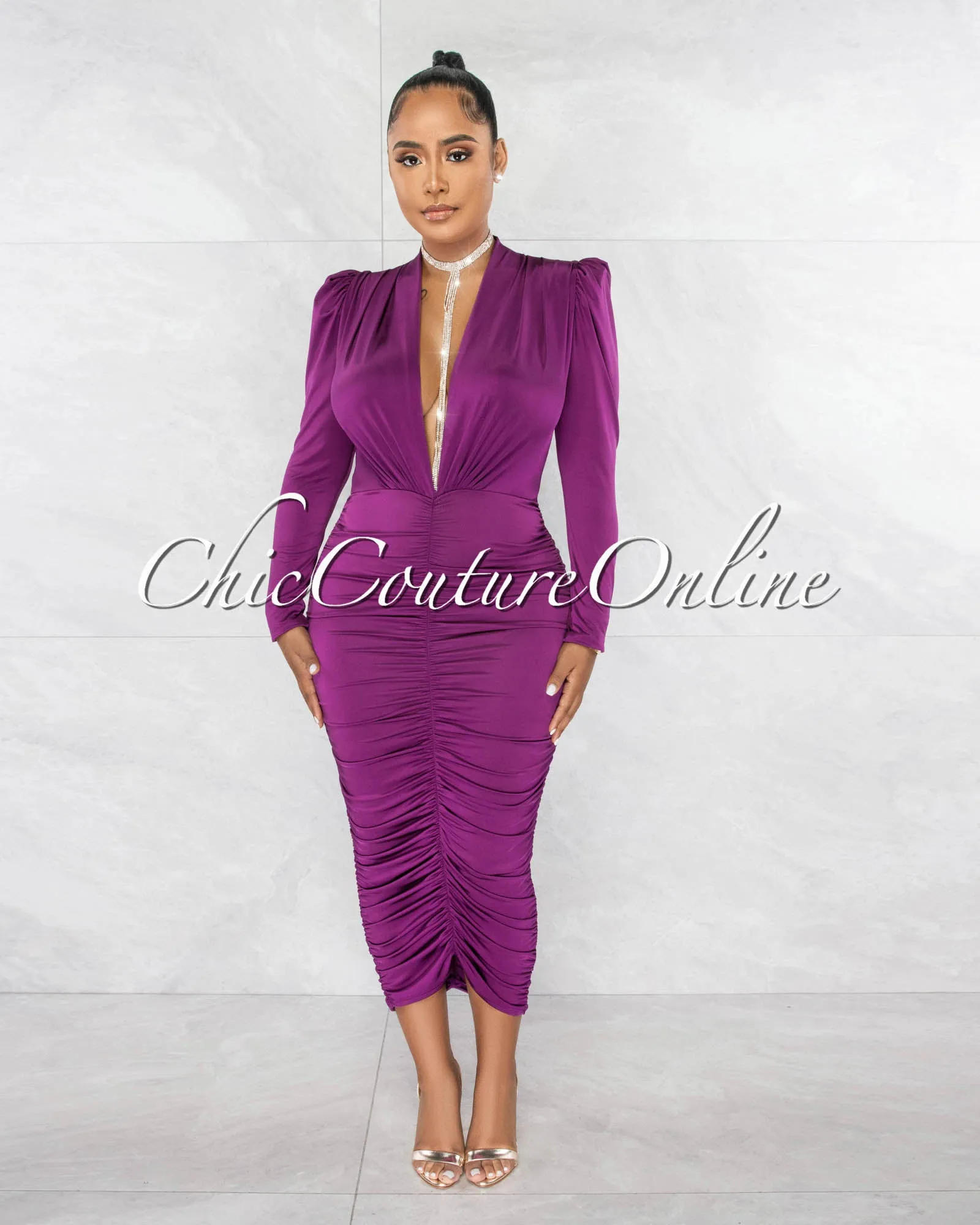 Yelena Purple Deep V-Neck Ruched Midi Dress