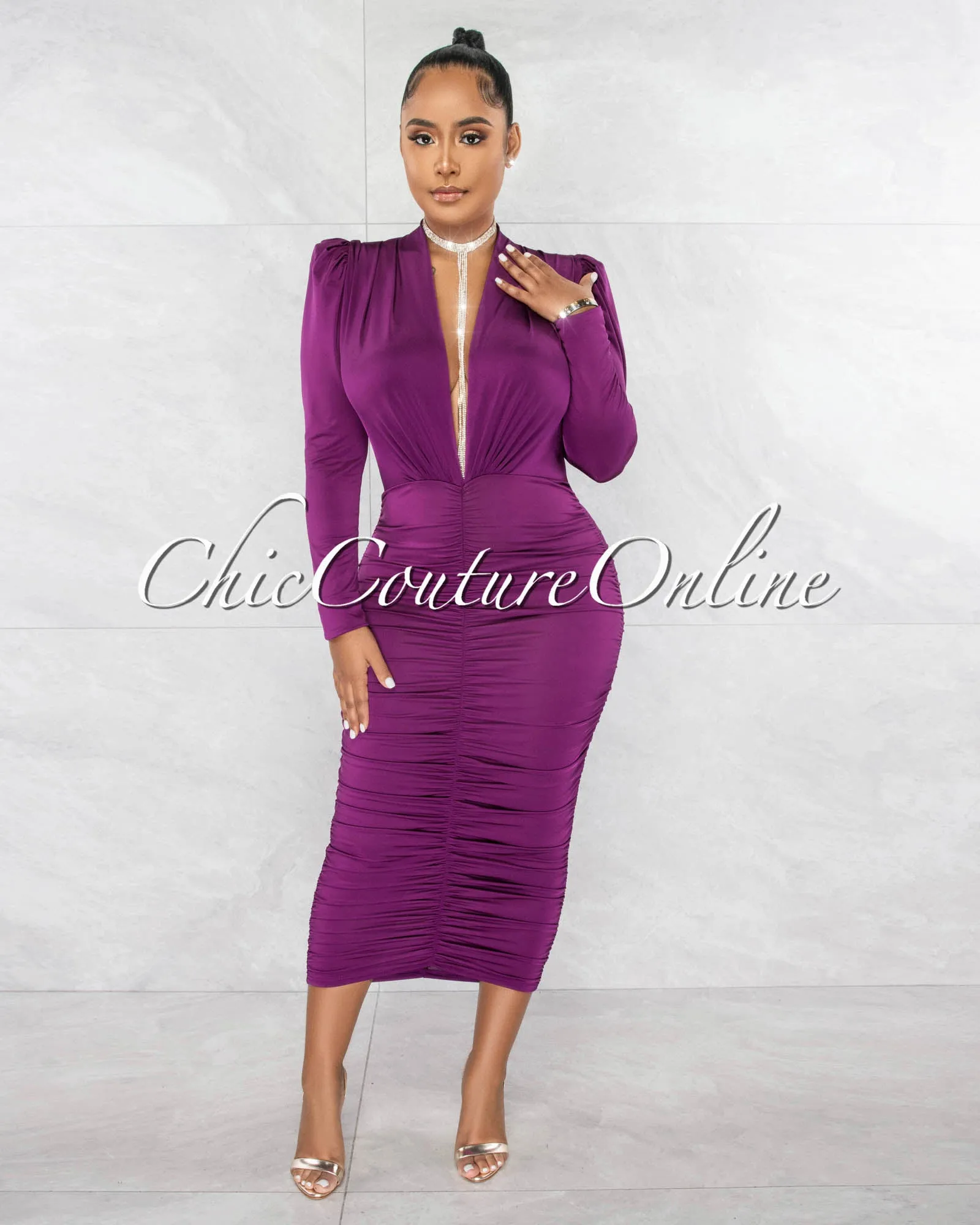 Yelena Purple Deep V-Neck Ruched Midi Dress